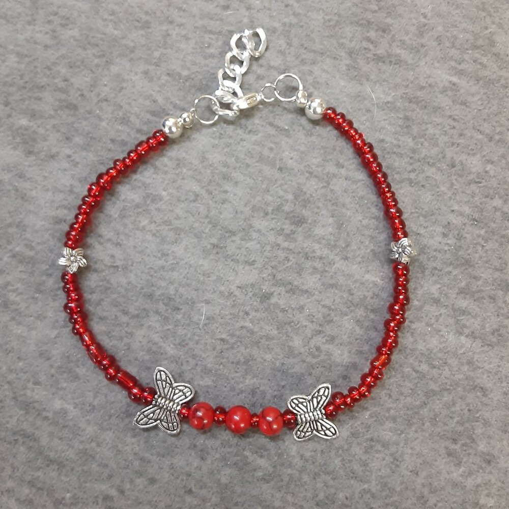Anklet/Bracelet Handmade Red Beads Silver Accents Butterflies Adjustable 10.5 in